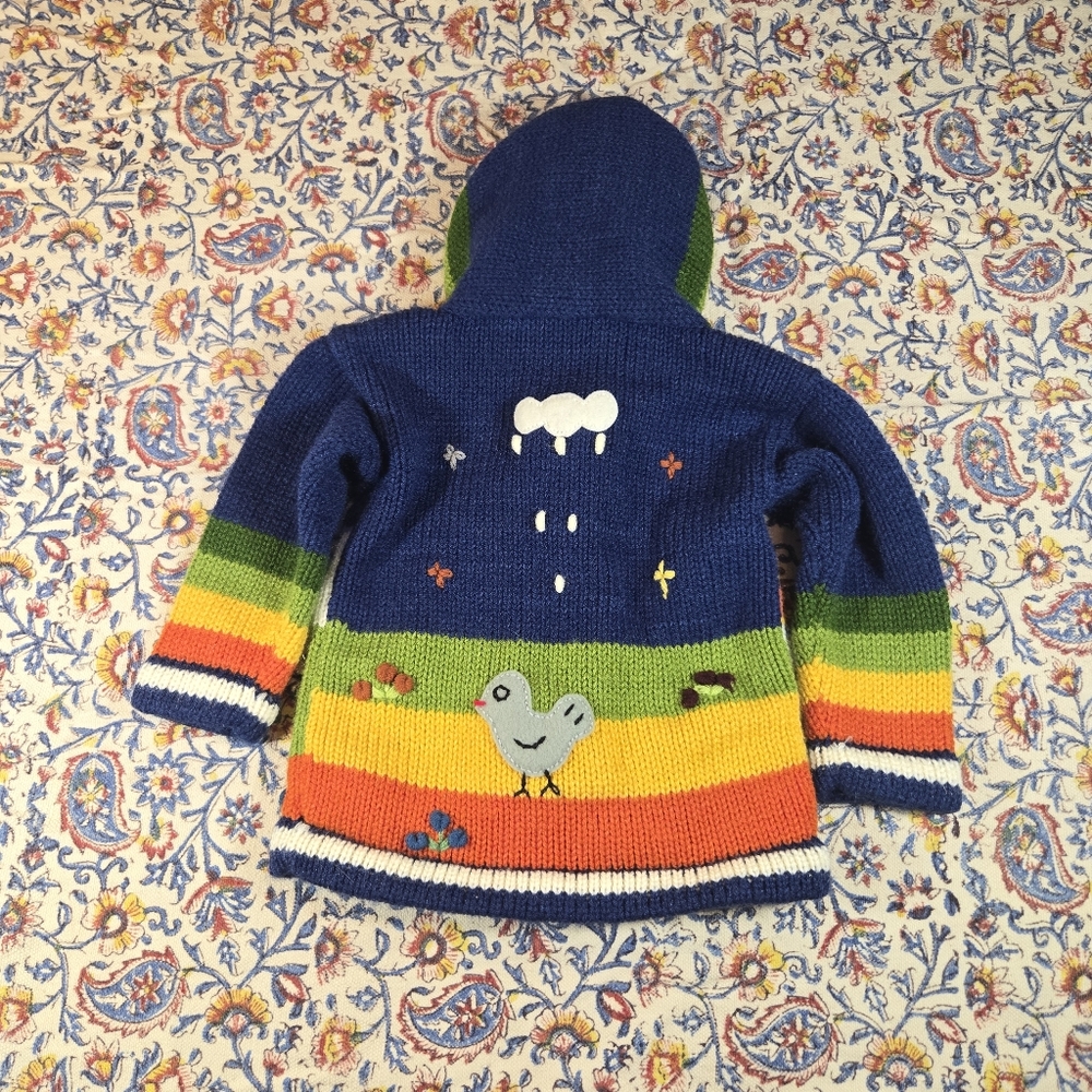 Kid’s Rainbow Peruvian Wool Sweater Zipper Cardigan Embroidered Hooded Sz 0 - Picture 2 of 10